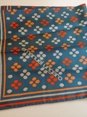 Emanuel Ungaro Teal Blue Orange White Polka Geometric Floral Silk Scarf